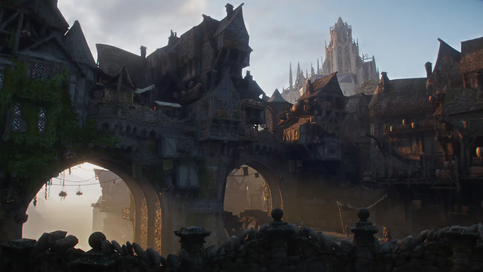 Tall timber houses stacked above stone arches, with a pale castle on the skyline behind them