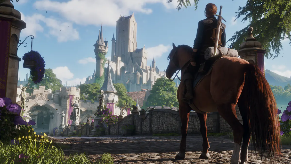 The Hero on horseback looks up at a white castle beyond a gate lined with statues and purple flowers