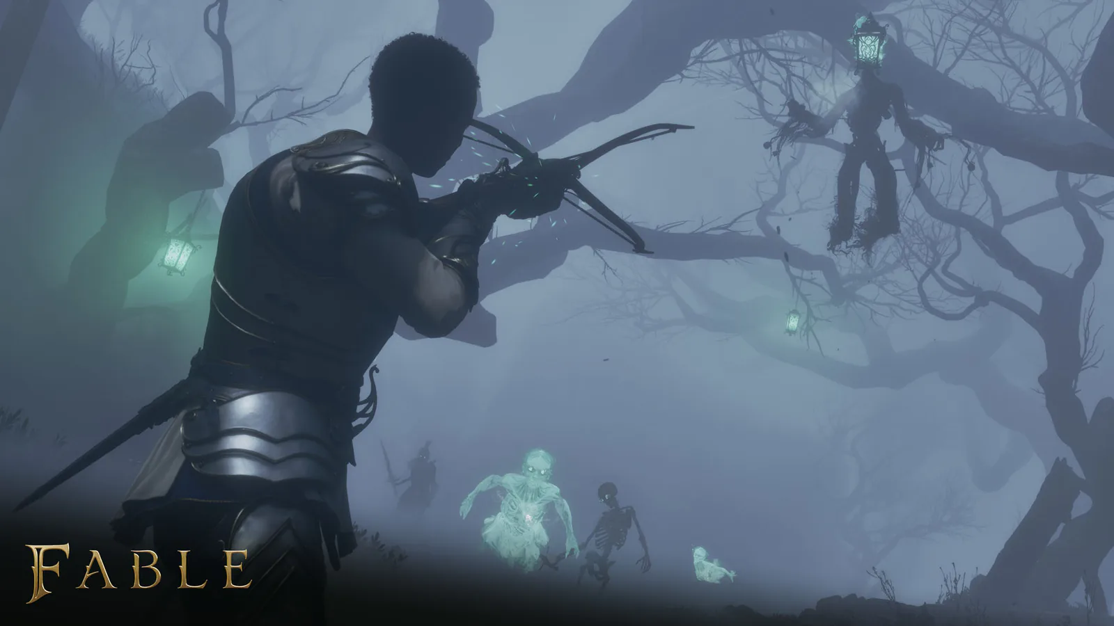 The Hero aims a crossbow at a figure hanging in a dead tree with a lantern, while glowing green ghosts and skeletons come through the fog