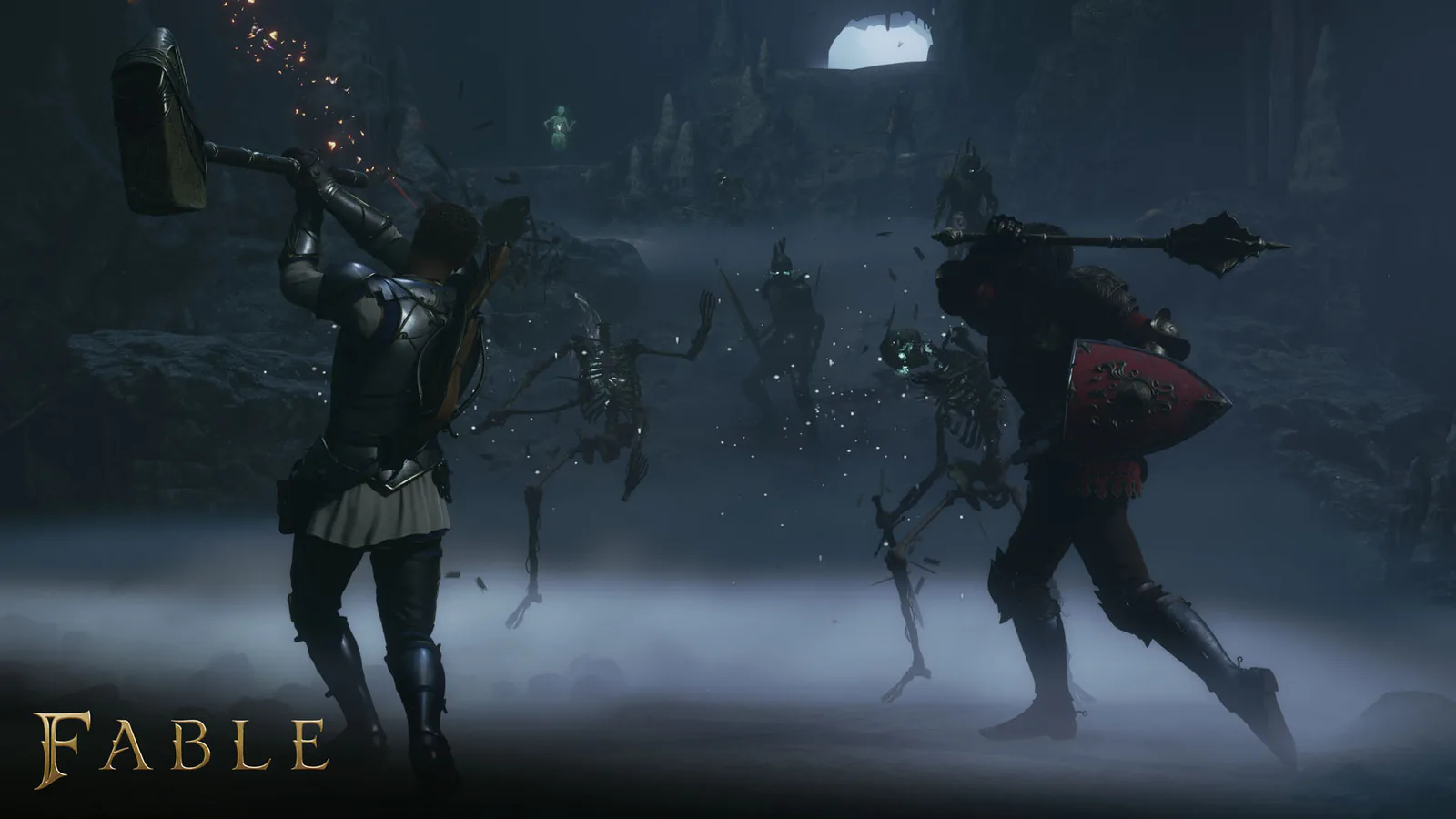 The Hero swings a two-handed hammer at skeletons in a misty cave, next to a fighter with a shield