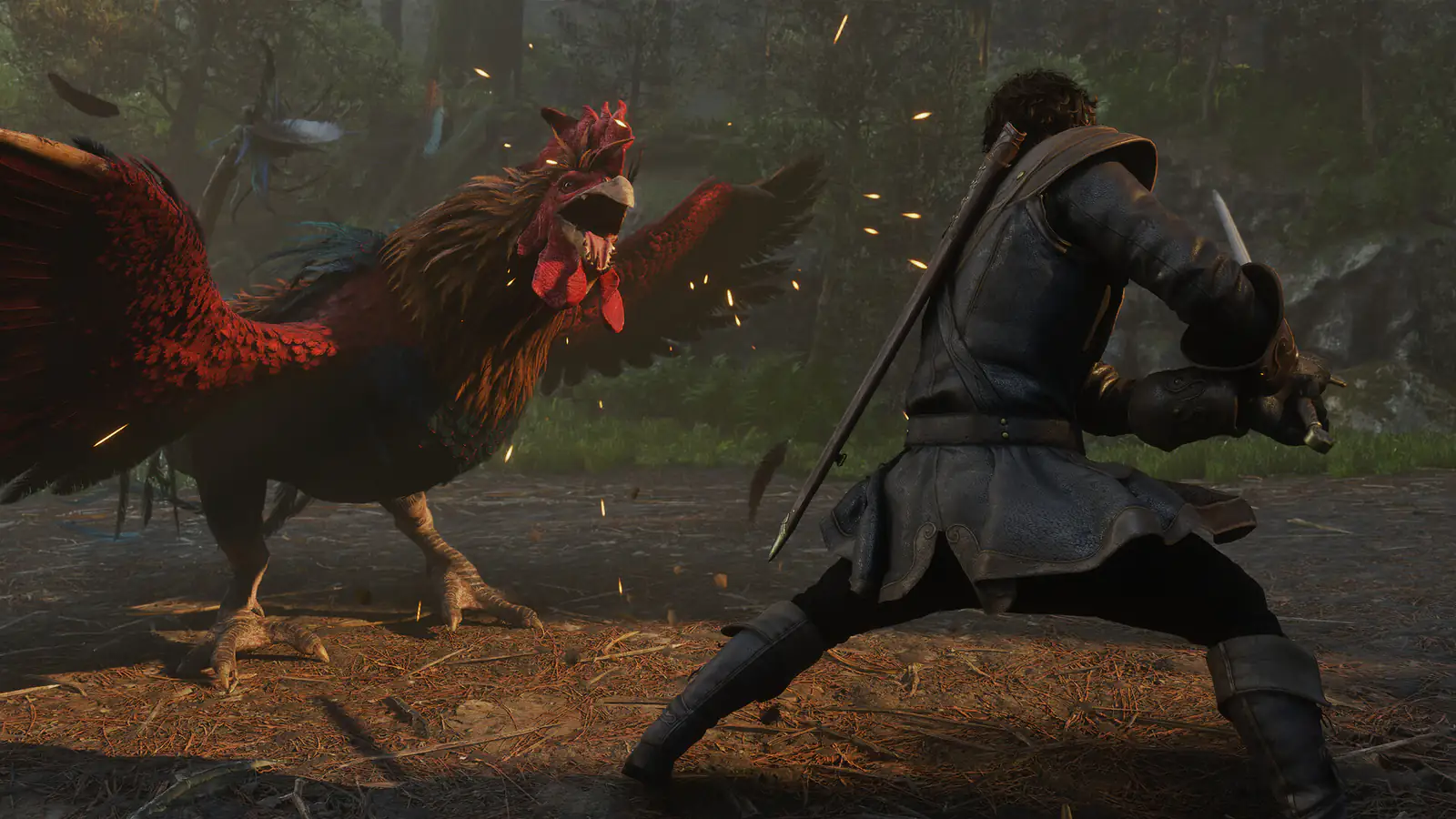 The Hero, sword drawn, squares up to a giant rooster in a dark forest