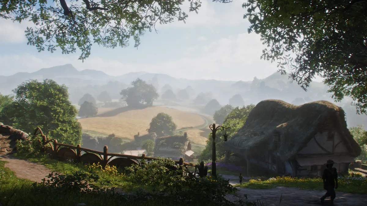 A thatched cottage and a lamp post beside a path, looking out over golden fields and misty hills