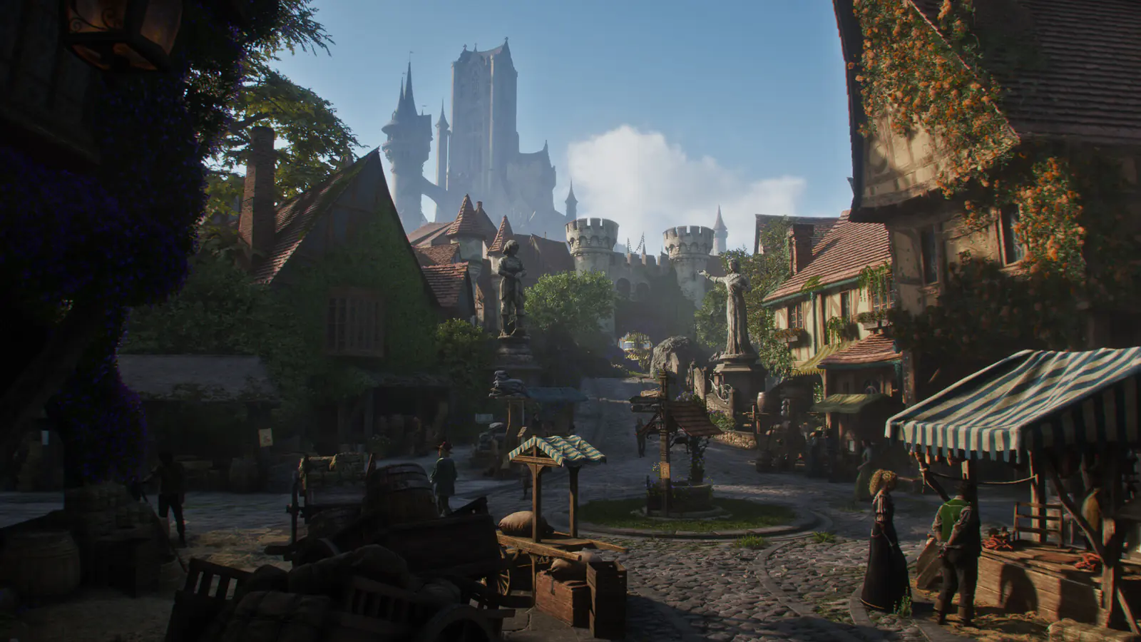 A cobbled town square with market stalls, a well, statues and timber houses, below a castle on a hill